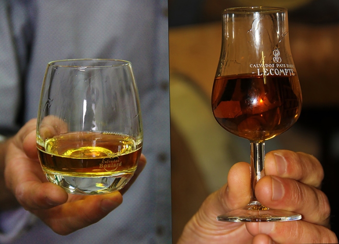 Пьют кальвадос исключительно в широких бокалах для коньяка (слева), а дегустируют в бокалах (справа)